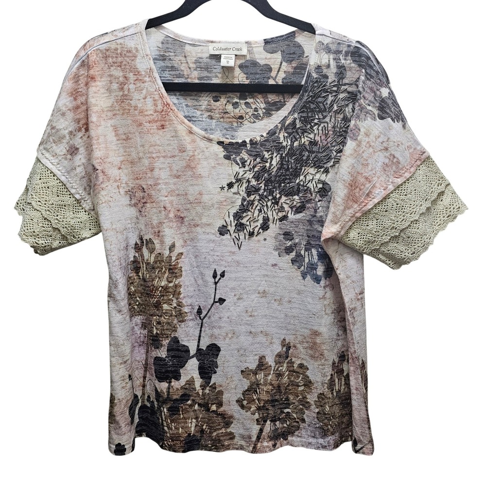 Coldwater Creek Womens XL Floral Beaded Top Crochet Lace Sleeve Earth Tone Boho